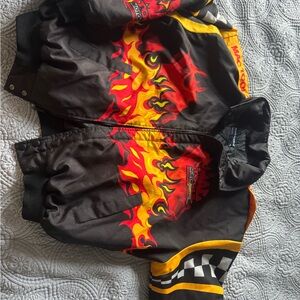 Black and Yellow Bomber Jacket with Flame Design